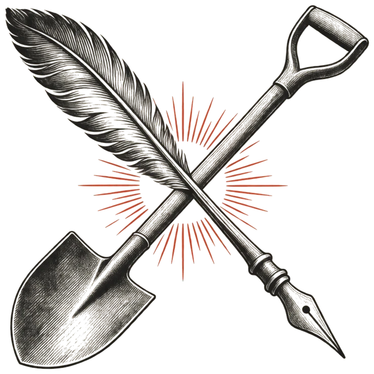 The Shovel&rsquo;s mark, drawn by Selene: a shovel and a quill pen crossed over a red sunburst