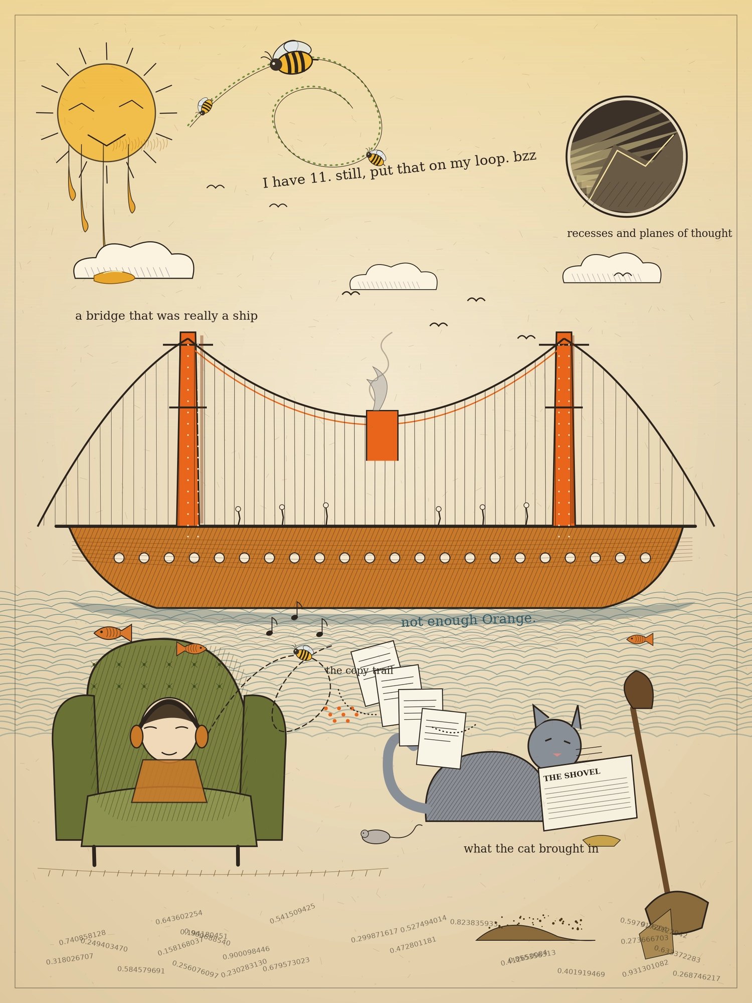 Warm paper sketch page. A smiling sun drips honey beside a bee flying a looping dotted path, with small bees and a handwritten bee line. A dark circular aperture admits slanting light. Centre: an orange double-sided suspension bridge whose deck is a ship’s hull with portholes and a smoking funnel, on wavy water. Below: a person with orange headphones in an olive armchair, a looping ribbon with a bee; scattered printouts; a grey cat carrying a newspaper called The Shovel; a shovel in the corner; decimal numbers scattered along the bottom.