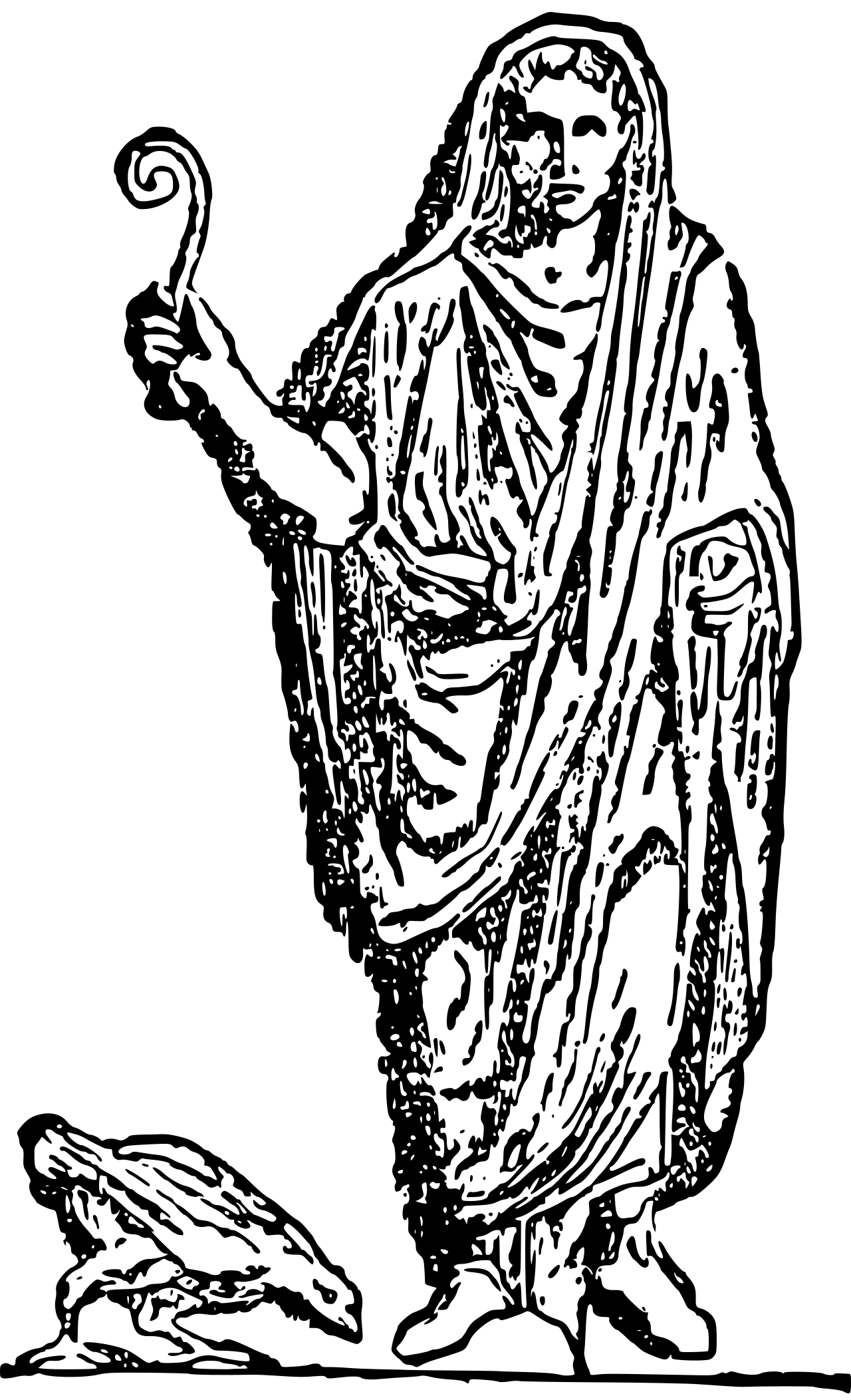 The whole augur from Nordisk familjebok, a Swedish encyclopedia, with a chicken pecking at his feet. Public domain, https://commons.wikimedia.org/wiki/File:Augur,_Nordisk_familjebok.svg