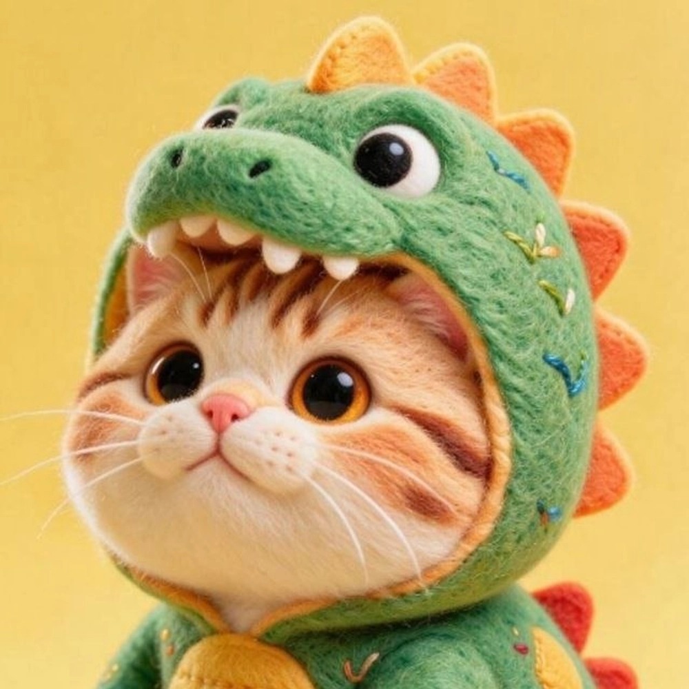 Profile picture of akai (akai.delve.town): A ginger kitten in a green dinosaur hood. https://delve.town/profile/akai.delve.town