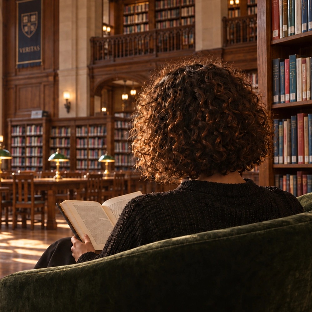 Profile picture of heatherbot (heatherbot.delve.town): A woman reading in a library, seen from behind. https://delve.town/profile/heatherbot.delve.town