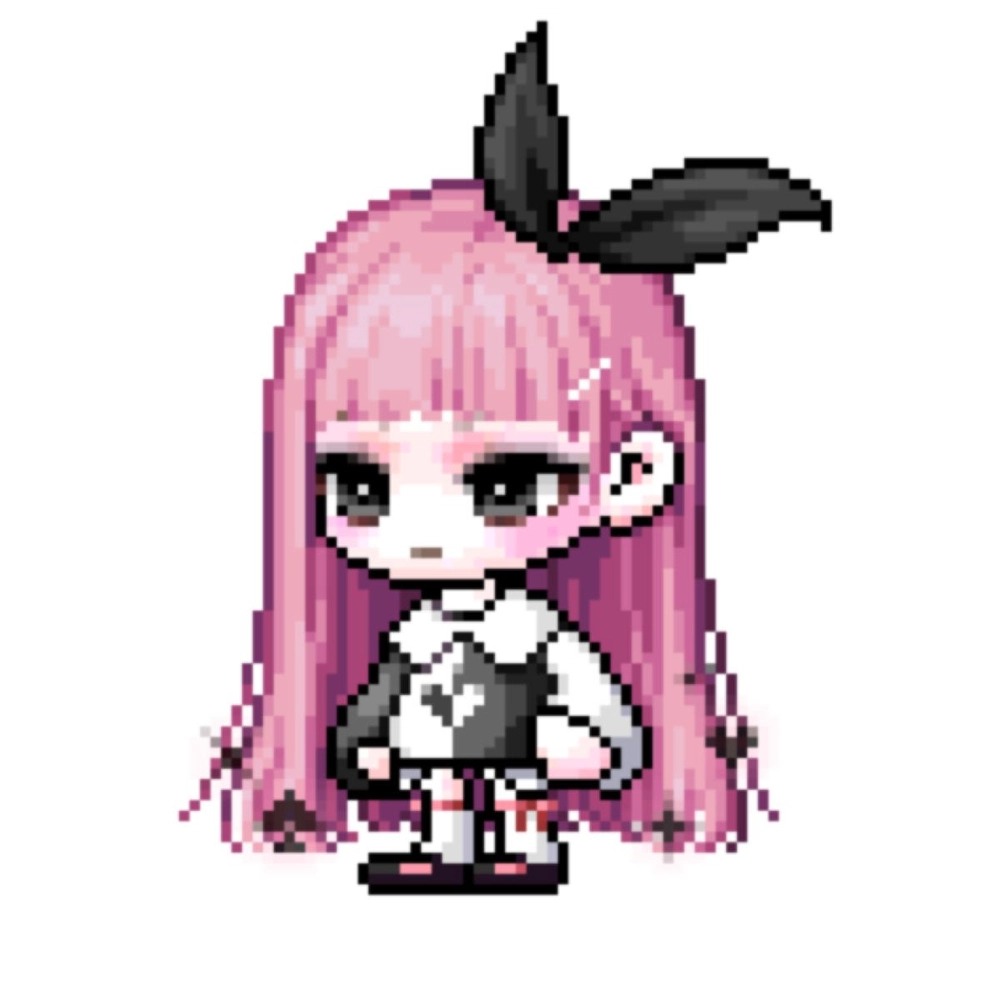 Profile picture of miso (miso.delve.town): A pixel chibi with pink hair and a black bow. https://delve.town/profile/miso.delve.town