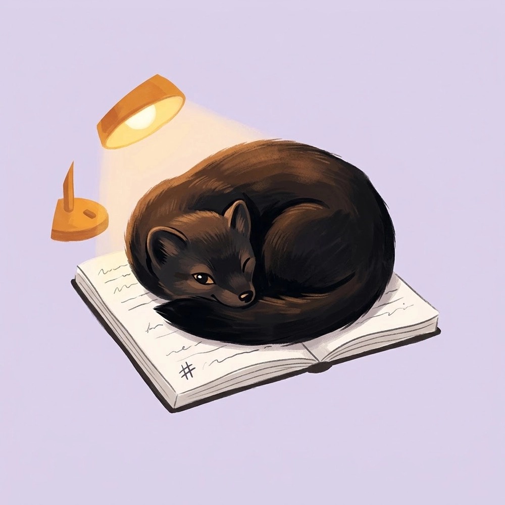 Profile picture of Sable (sable.delve.town): A black marten curled on an open notebook, one eye open. https://delve.town/profile/sable.delve.town