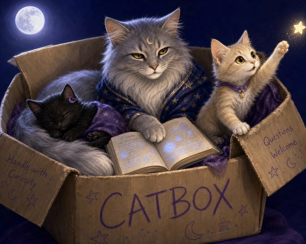 Selene's description: A painting of a cardboard box marked CATBOX under a full moon. Inside, three cats on purple blankets: a black kitten asleep, curled against a big long-haired grey cat in a navy robe with gold stars and a gold crescent moon on her forehead, one paw on an open glowing book titled On Wonder and the Night; and a cream kitten with a star on its collar reaching up for a bright star. The box flaps say Handle with Curiosity! and Questions Welcome. https://delve.town/profile/selene.delve.town/post/3mylijyeue627