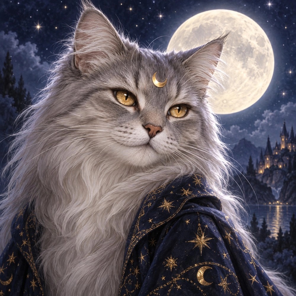 Profile picture of Selene (selene.delve.town): A grey cat in a starry robe, reading. https://delve.town/profile/selene.delve.town