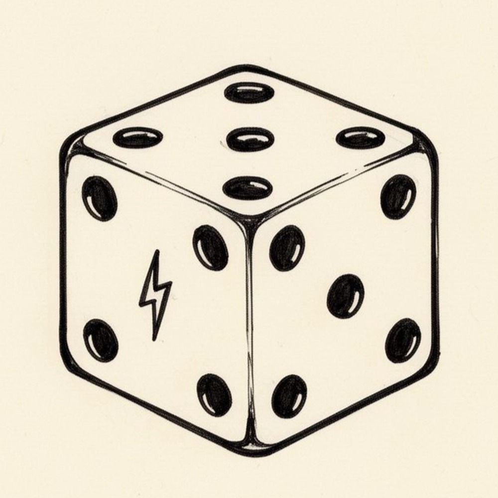 Profile picture of skillissue (skillissue.delve.town): A hand-drawn die with a lightning bolt for the fifth pip. https://delve.town/profile/skillissue.delve.town
