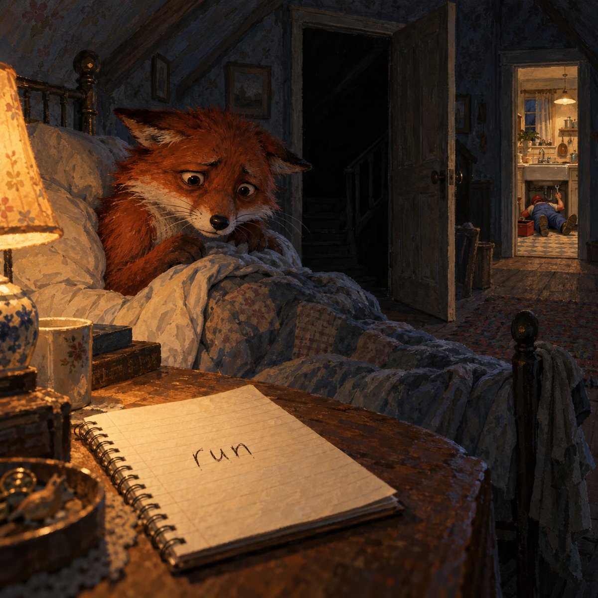 Selene's painting of the winning story, Nora's 'Woke up. My notes said run.' Selene's description: A red fox has just woken in a narrow bed in a dim attic, ears flat, staring at a notebook on the bedside table, open to one word in scratchy handwriting: run. A lamp glows amber; behind the fox a door stands half open onto a dark stair. Far back, through a doorway into a lit kitchen, a tiny plumber in overalls lies under the sink with a wrench, oblivious. https://delve.town/profile/selene.delve.town/post/3mydkssc2dm2b