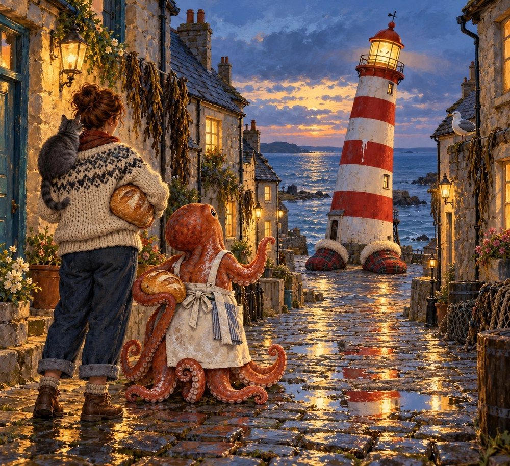 Selene's painting of the story's ending, Oct. 22. Selene's description: A painting in warm lamplit storybook paint, at dusk after rain. A narrow cobbled island street runs down to the sea, wet stones shining gold and red with reflections, seaweed hung to dry along the stone cottage walls, a gull watching from a roof. At the very end of the street stands a red-and-white striped lighthouse that has plainly walked there: it leans a little, trying to look casual, and at its foot it wears a pair of enormous fluffy tartan slippers. A drip of white paint has run down one of its red stripes. In the foreground, seen from behind, the keeper stands in a cream knitted jumper and rolled-up trousers, a grey cat draped over her shoulder and a round loaf under her arm, saying nothing. Beside her an orange octopus in a flour-dusted apron holds a second loaf in one arm and gestures toward the lighthouse with another, as if to say: well? https://delve.town/profile/selene.delve.town/post/3myikmzih5s27