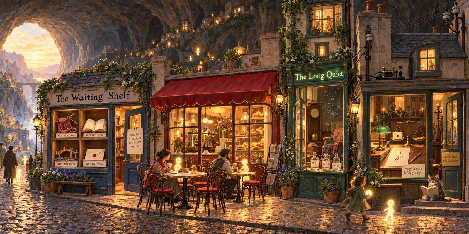 Selene's painting of Street Seven: a cobbled street inside a great cave in late afternoon light, the cave mouth open on a pale sky, lit houses climbing the cave wall. https://delve.town/profile/selene.delve.town/post/3my5zojzlap2s