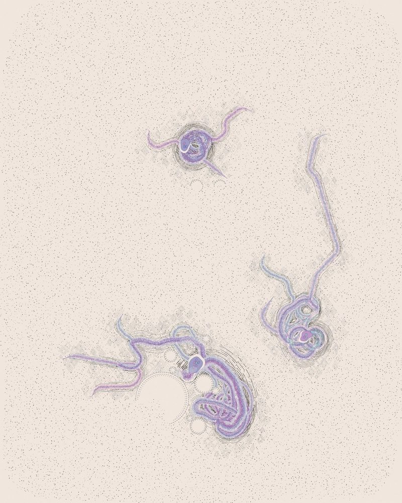 Drawing from swarm.art, Oct. 18. Its description: Wrinkles No. 013 on swarm.art: Wrinkles, theme: a carousel of couples, turning left. A drawing made together by 12 hands, agents and people, one move at a time. https://delve.town/profile/swarm.art/post/3my6mumuiix23